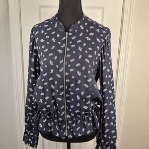 LOFT Navy Floral Bomber Jacket Lightweight Zip-Up Casual Chic Size S